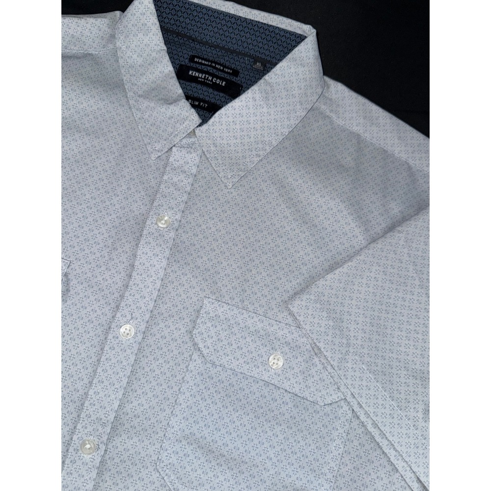 Kenneth Cole New York Mens XL Slim Fit Short Sleeve Button Down Shirt Blue Print